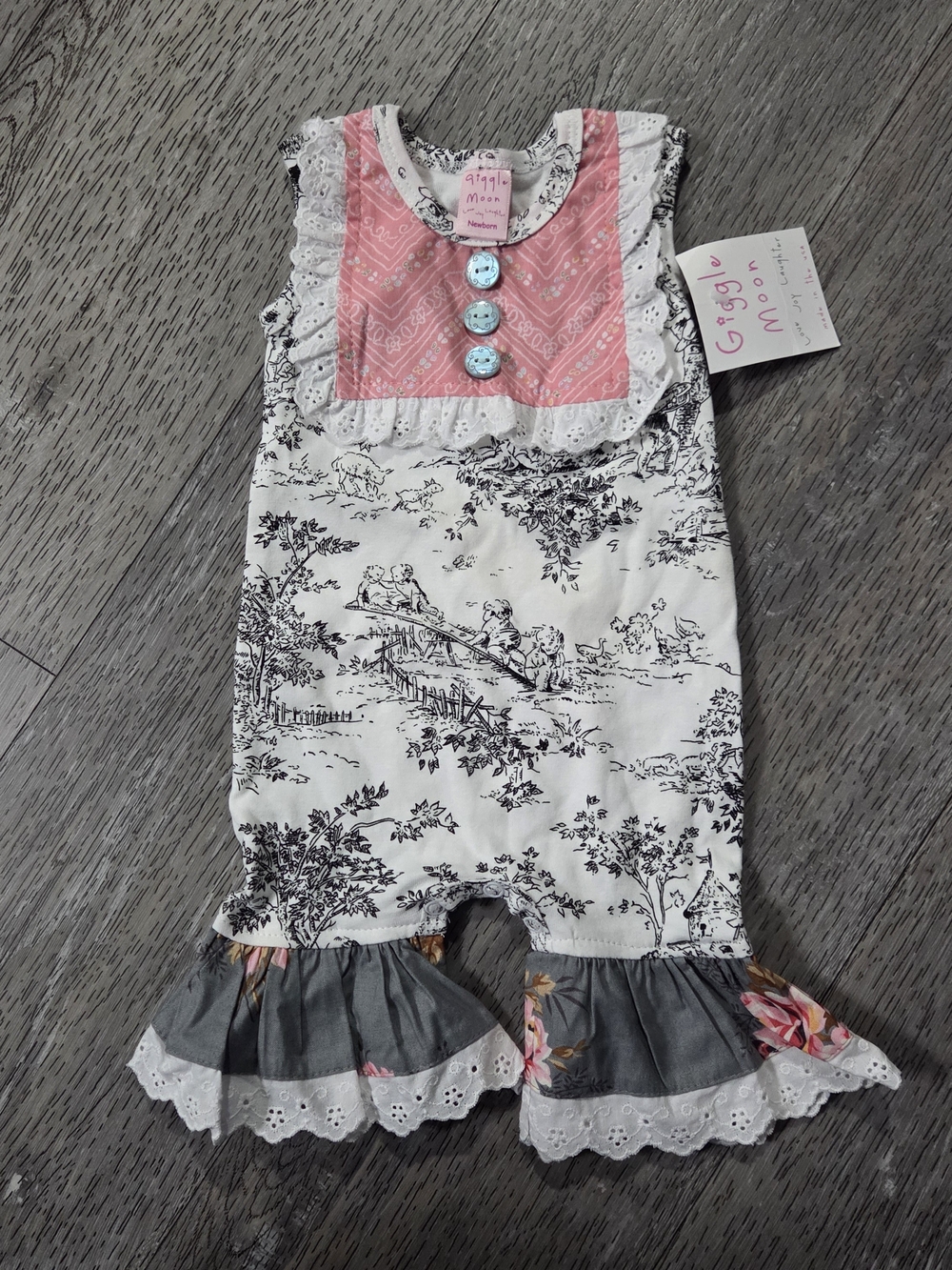 Giggle Moon Pink and White Toile Romper with Gray Floral Ruffle
